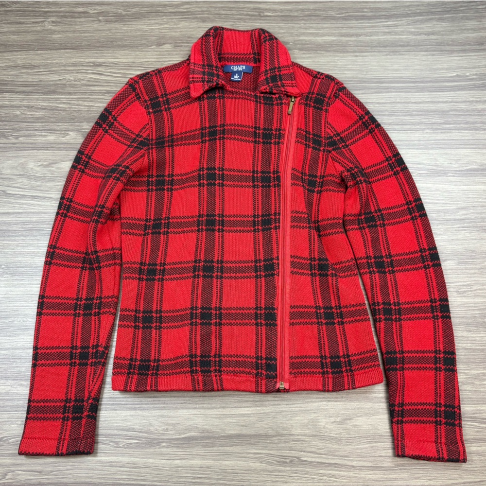 Chaps Zip Up Sweater Red Black Plaid Womens Size Small Cotton Knit Jacket